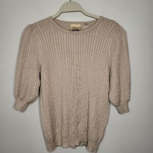 Elie Tahari Cable Knit Sweater Large Beige Tan Puff Balloon Sleeve Stretch